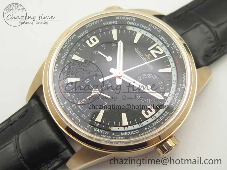 Polaris Geographic WT RG Black Textured Dial on Black Leather Strap A936