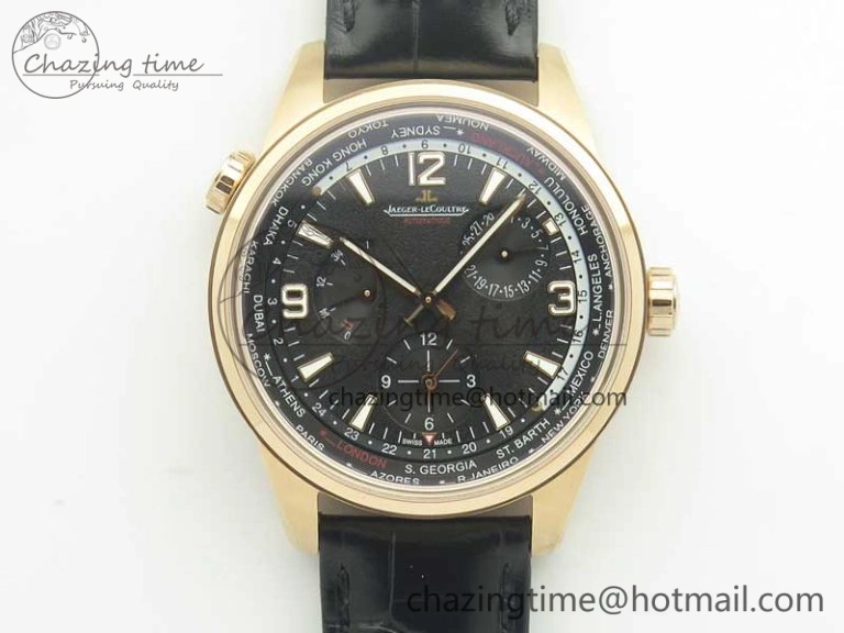 Polaris Geographic WT RG Black Textured Dial on Black Leather Strap A936