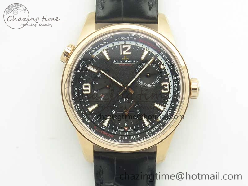 Polaris Geographic WT RG Black Textured Dial on Black Leather Strap A936