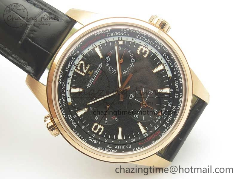 Polaris Geographic WT RG Black Textured Dial on Black Leather Strap A936