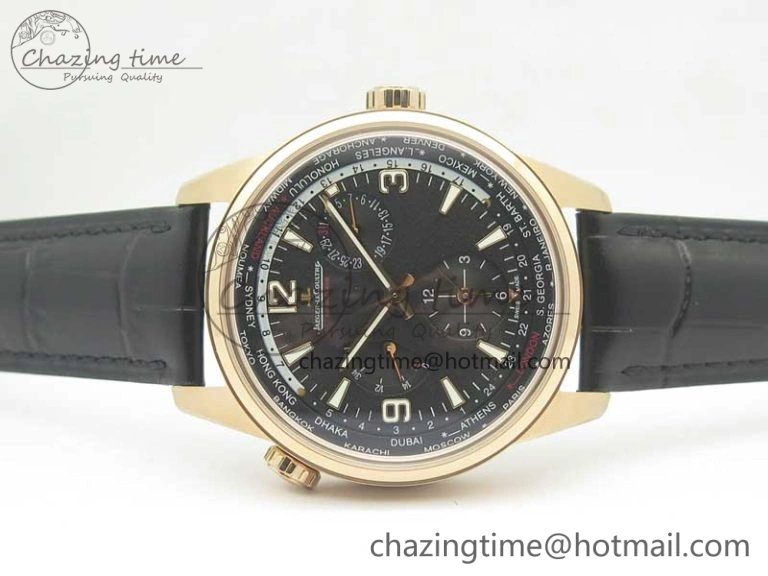 Polaris Geographic WT RG Black Textured Dial on Black Leather Strap A936