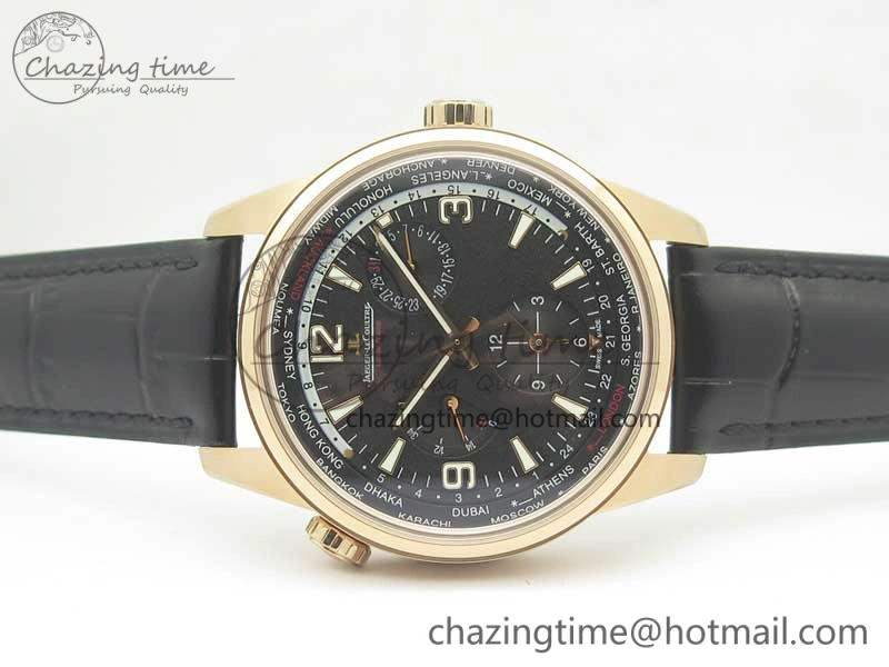 Polaris Geographic WT RG Black Textured Dial on Black Leather Strap A936