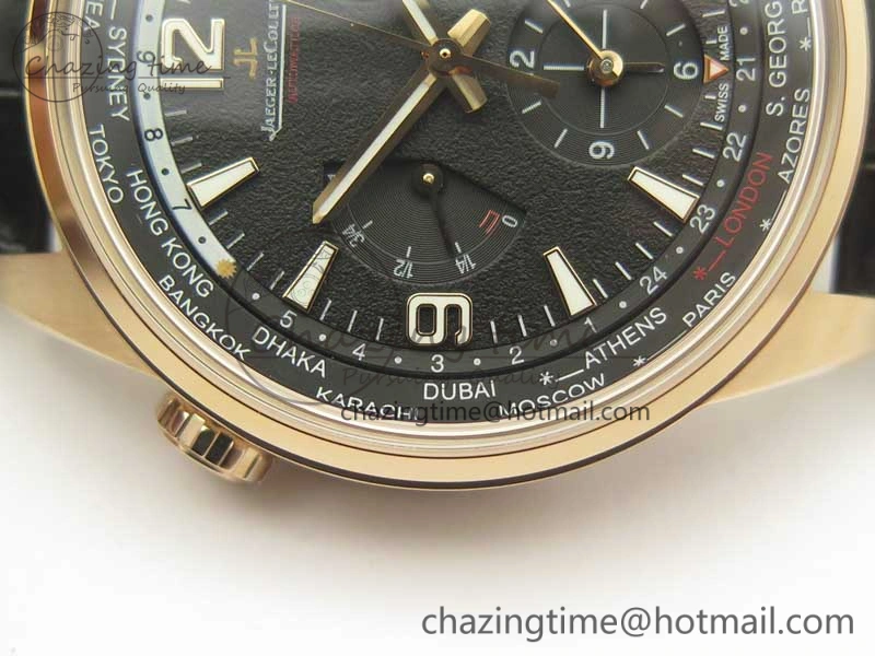 Polaris Geographic WT RG Black Textured Dial on Black Leather Strap A936