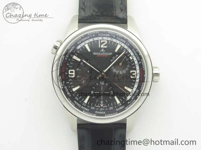 Polaris Geographic WT SS Black Textured Dial on Black Leather Strap A936