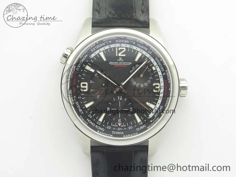 Polaris Geographic WT SS Black Textured Dial on Black Leather Strap A936