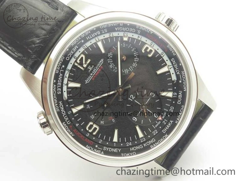 Polaris Geographic WT SS Black Textured Dial on Black Leather Strap A936