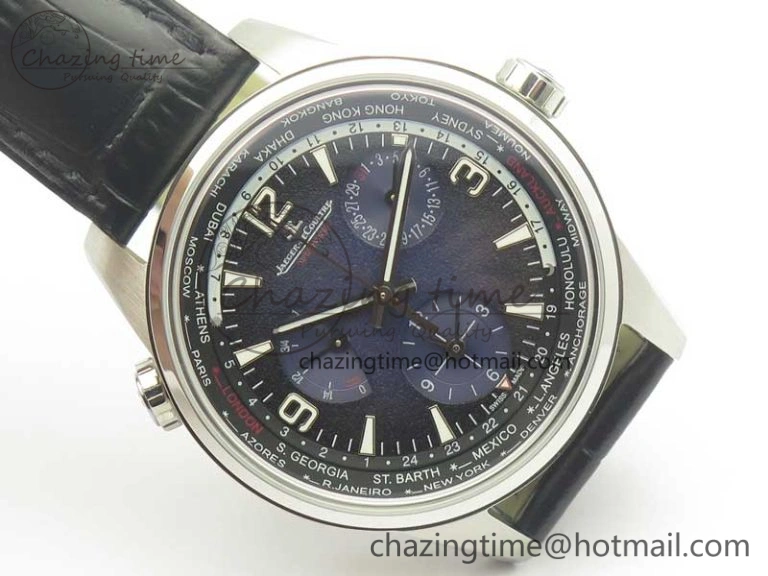 Polaris Geographic WT SS Blue Textured Dial on Black Leather Strap A936