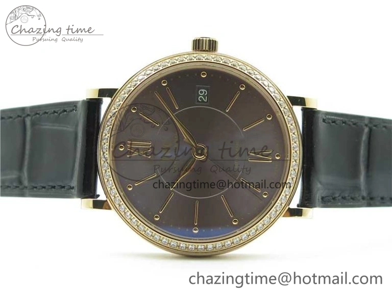 Portofino 37mm RG V7F 1:1 Best Edition Gray Dial Diamonds Bezel on Black Leather Strap A2892