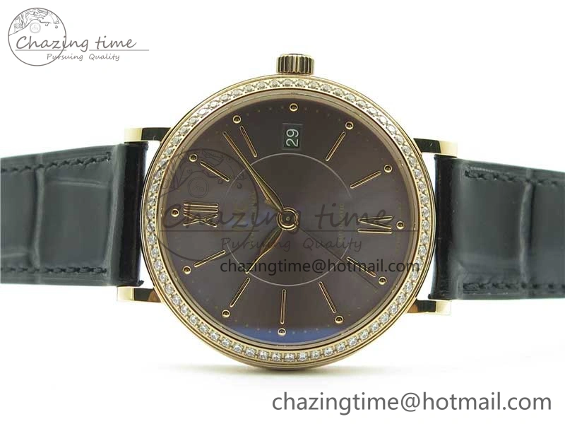 Portofino 37mm RG V7F 1:1 Best Edition Gray Dial Diamonds Bezel on Black Leather Strap A2892