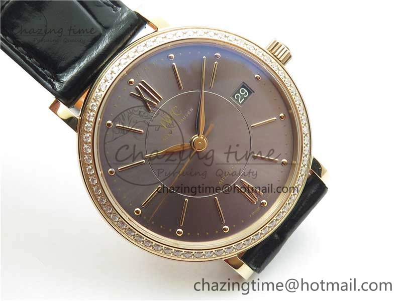 Portofino 37mm RG V7F 1:1 Best Edition Gray Dial Diamonds Bezel on Black Leather Strap A2892