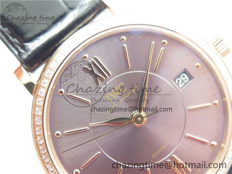 Portofino 37mm RG V7F 1:1 Best Edition Gray Dial Diamonds Bezel on Black Leather Strap A2892