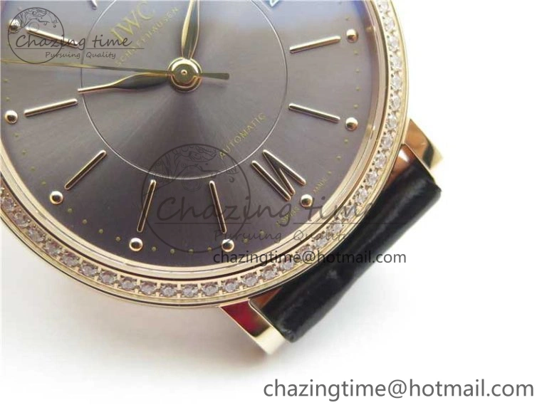 Portofino 37mm RG V7F 1:1 Best Edition Gray Dial Diamonds Bezel on Black Leather Strap A2892