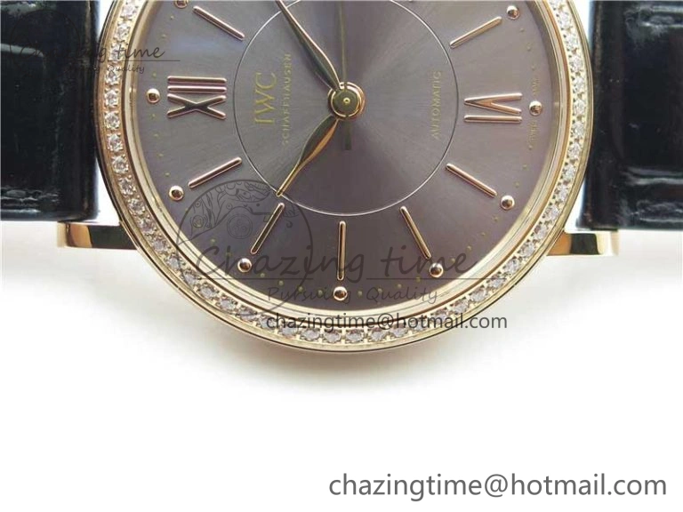 Portofino 37mm RG V7F 1:1 Best Edition Gray Dial Diamonds Bezel on Black Leather Strap A2892