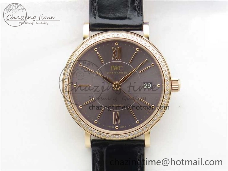 Portofino 37mm RG V7F 1:1 Best Edition Gray Dial Diamonds Bezel on Black Leather Strap A2892
