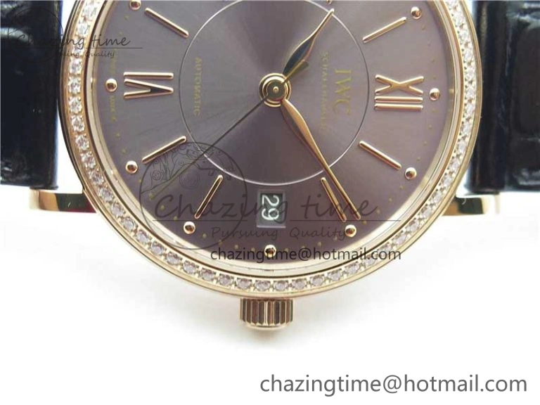 Portofino 37mm RG V7F 1:1 Best Edition Gray Dial Diamonds Bezel on Black Leather Strap A2892