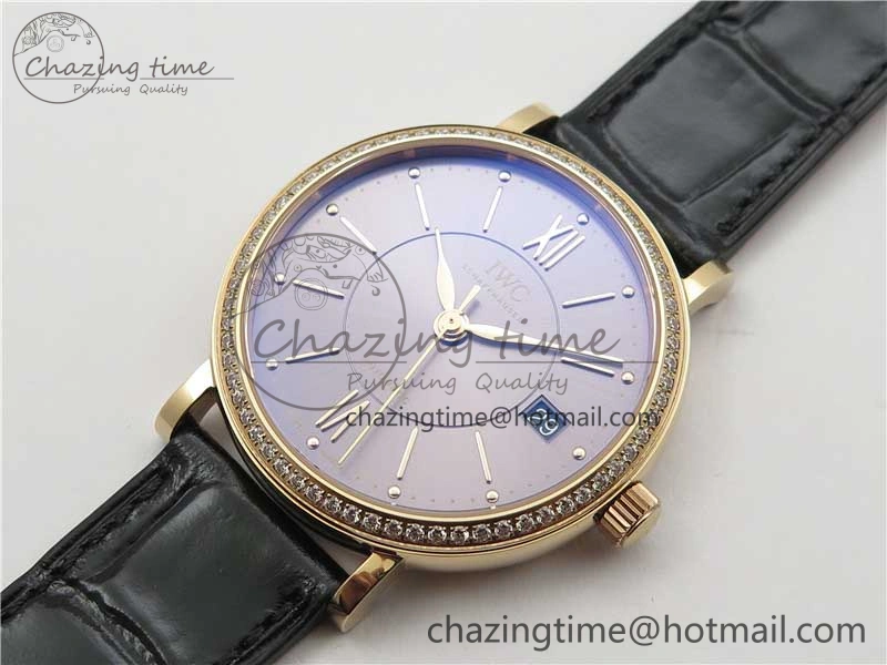 Portofino 37mm RG V7F 1:1 Best Edition Gray Dial Diamonds Bezel on Black Leather Strap A2892