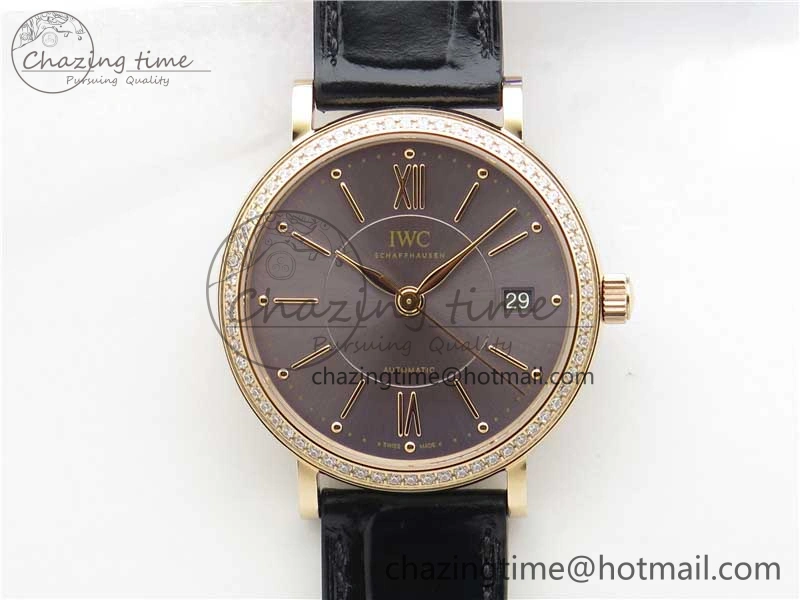 Portofino 37mm RG V7F 1:1 Best Edition Gray Dial Diamonds Bezel on Black Leather Strap A2892