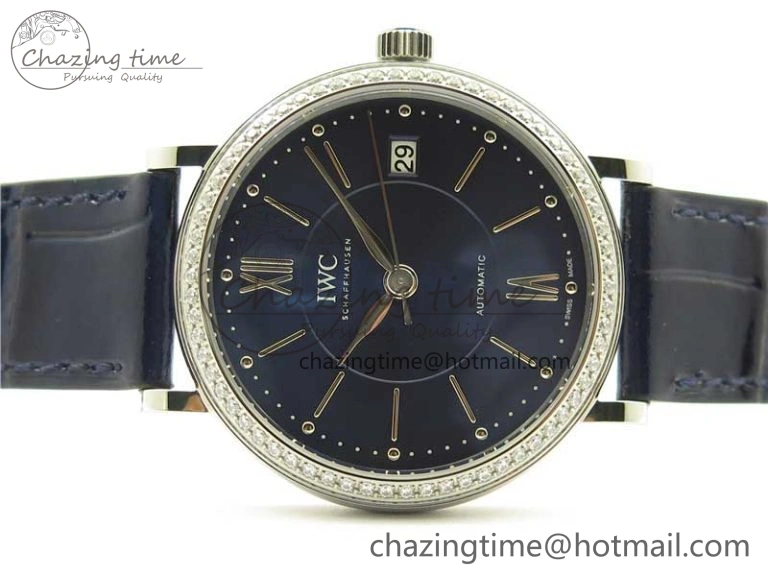 Portofino 37mm SS V7F 1:1 Best Edition Blue Dial Diamonds Bezel on Blue Leather Strap A2892