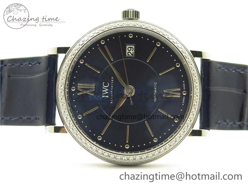 Portofino 37mm SS V7F 1:1 Best Edition Blue Dial Diamonds Bezel on Blue Leather Strap A2892