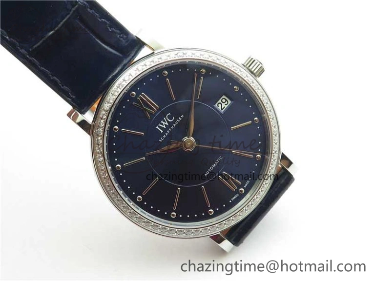 Portofino 37mm SS V7F 1:1 Best Edition Blue Dial Diamonds Bezel on Blue Leather Strap A2892