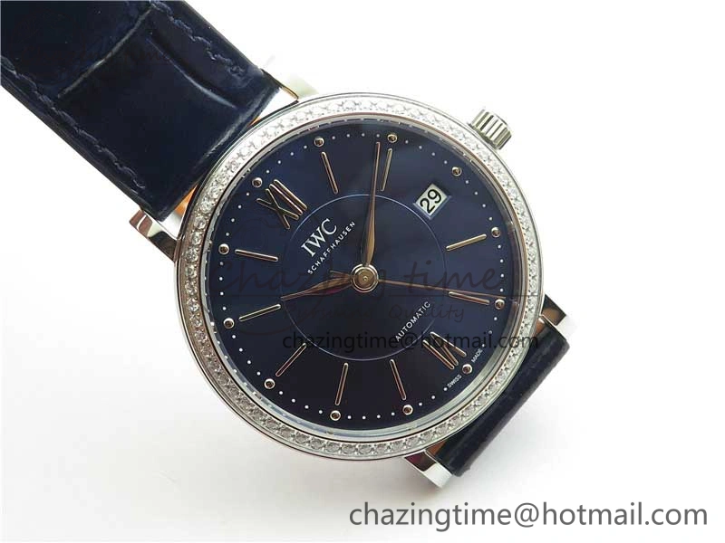 Portofino 37mm SS V7F 1:1 Best Edition Blue Dial Diamonds Bezel on Blue Leather Strap A2892