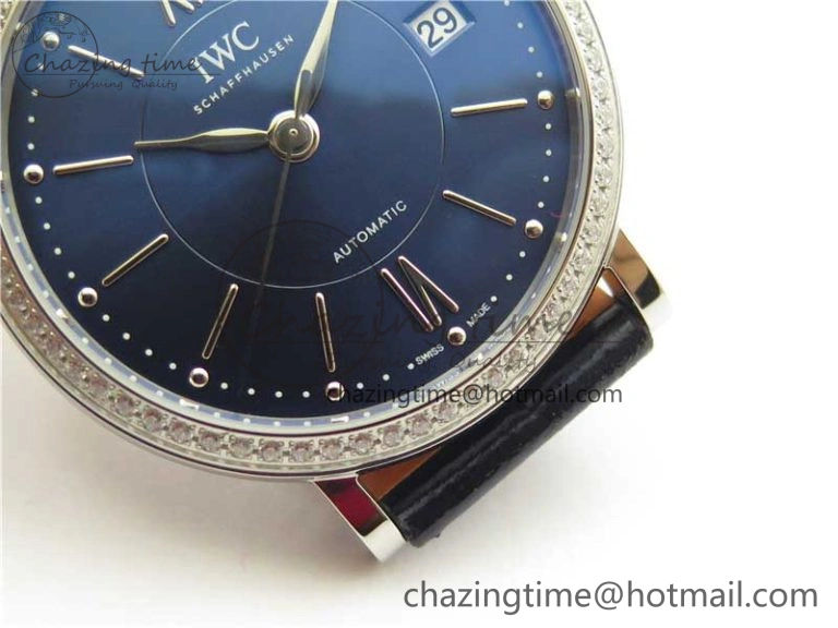 Portofino 37mm SS V7F 1:1 Best Edition Blue Dial Diamonds Bezel on Blue Leather Strap A2892