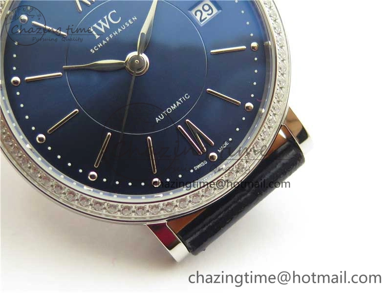 Portofino 37mm SS V7F 1:1 Best Edition Blue Dial Diamonds Bezel on Blue Leather Strap A2892