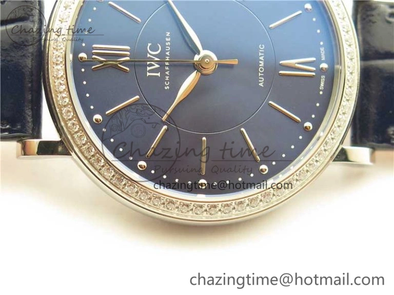 Portofino 37mm SS V7F 1:1 Best Edition Blue Dial Diamonds Bezel on Blue Leather Strap A2892