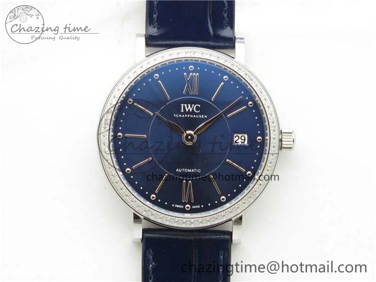 Portofino 37mm SS V7F 1:1 Best Edition Blue Dial Diamonds Bezel on Blue Leather Strap A2892