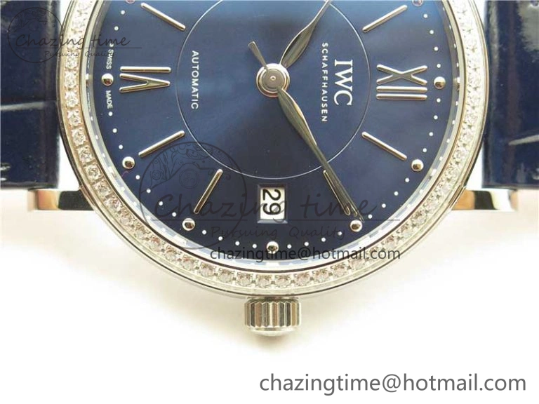 Portofino 37mm SS V7F 1:1 Best Edition Blue Dial Diamonds Bezel on Blue Leather Strap A2892