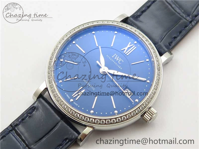 Portofino 37mm SS V7F 1:1 Best Edition Blue Dial Diamonds Bezel on Blue Leather Strap A2892