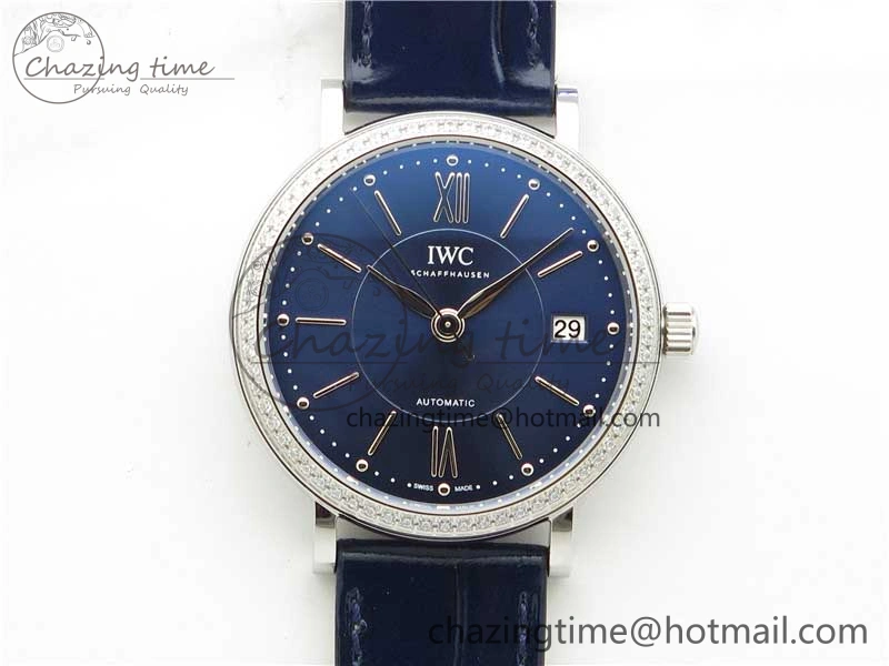 Portofino 37mm SS V7F 1:1 Best Edition Blue Dial Diamonds Bezel on Blue Leather Strap A2892