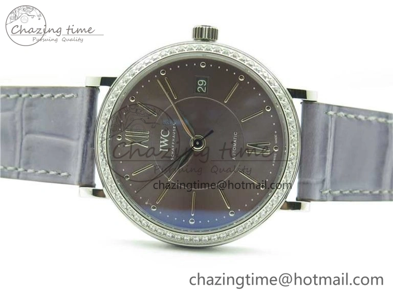 Portofino 37mm SS V7F 1:1 Best Edition Gray Dial Diamonds Bezel on Gray Leather Strap A2892