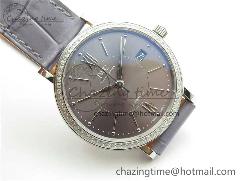 Portofino 37mm SS V7F 1:1 Best Edition Gray Dial Diamonds Bezel on Gray Leather Strap A2892