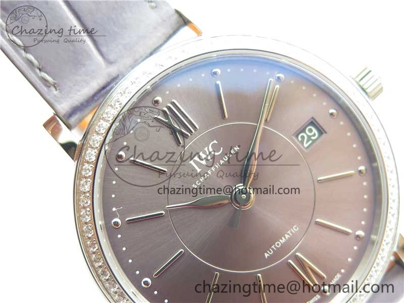 Portofino 37mm SS V7F 1:1 Best Edition Gray Dial Diamonds Bezel on Gray Leather Strap A2892