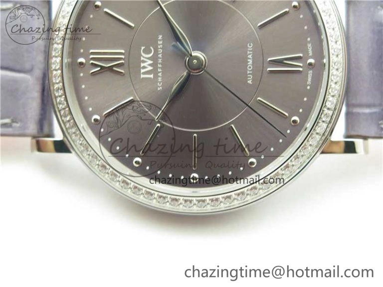 Portofino 37mm SS V7F 1:1 Best Edition Gray Dial Diamonds Bezel on Gray Leather Strap A2892