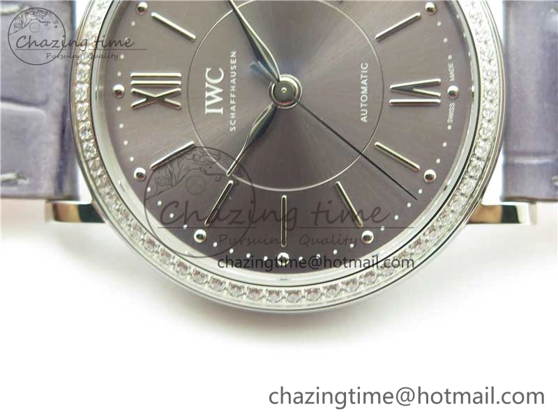 Portofino 37mm SS V7F 1:1 Best Edition Gray Dial Diamonds Bezel on Gray Leather Strap A2892