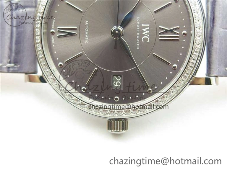 Portofino 37mm SS V7F 1:1 Best Edition Gray Dial Diamonds Bezel on Gray Leather Strap A2892