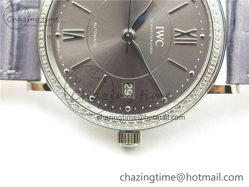 Portofino 37mm SS V7F 1:1 Best Edition Gray Dial Diamonds Bezel on Gray Leather Strap A2892