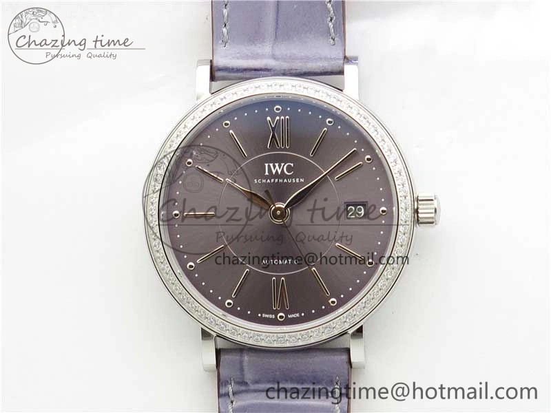 Portofino 37mm SS V7F 1:1 Best Edition Gray Dial Diamonds Bezel on Gray Leather Strap A2892