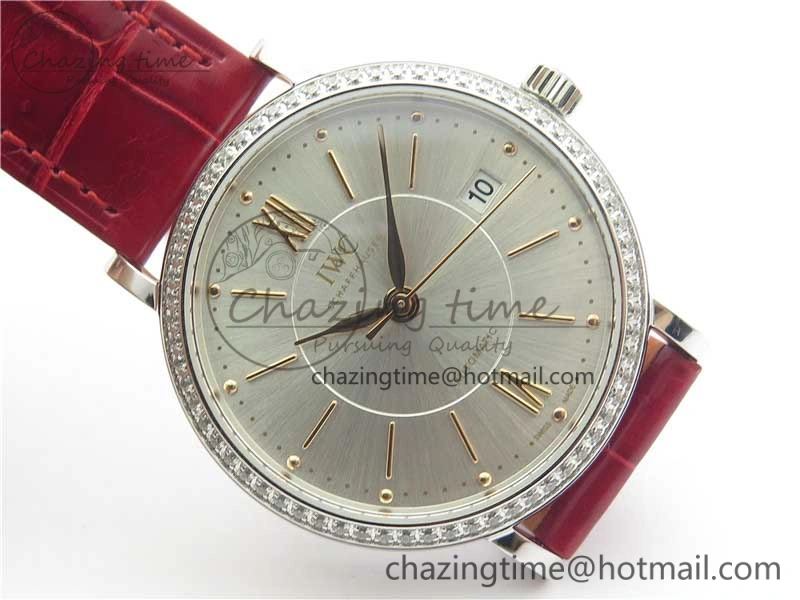 Portofino Automatic 37 SS M+F 1:1 Best Edition Silver Dial RG Markers on Red Crocodile Strap A35111