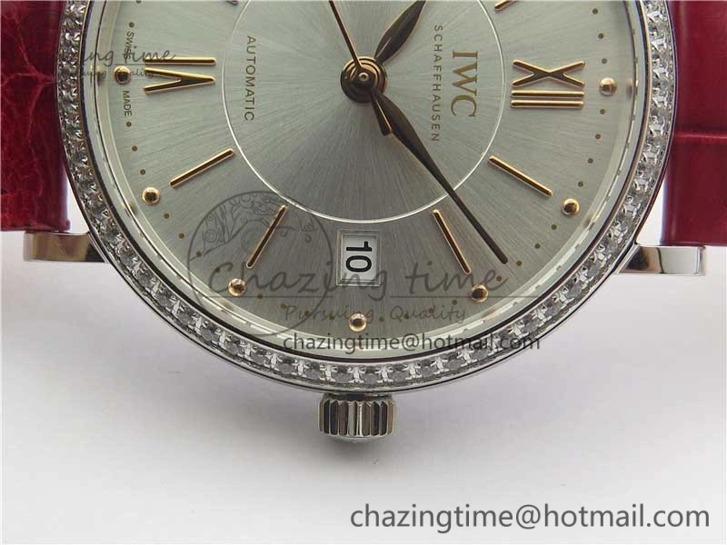 Portofino Automatic 37 SS M+F 1:1 Best Edition Silver Dial RG Markers on Red Crocodile Strap A35111