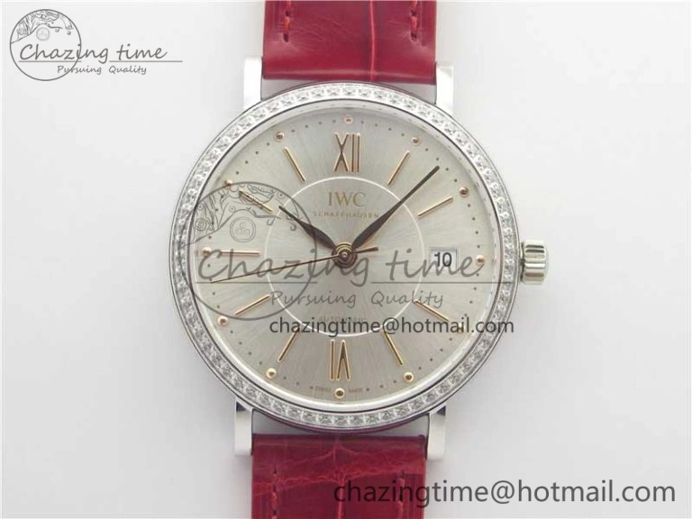 Portofino Automatic 37 SS M+F 1:1 Best Edition Silver Dial RG Markers on Red Crocodile Strap A35111