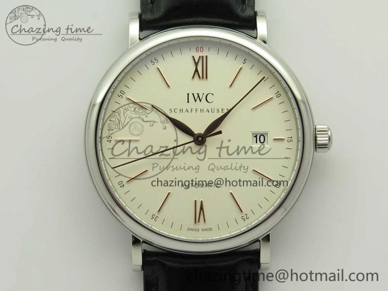 Portofino Automatic SS FKF 1:1 Best Edition White Dial RG Markers on Black Leather Strap A2892