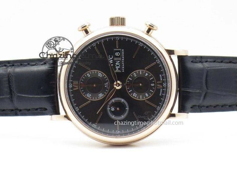 Portofino Chrono RG Black Dial on Black Leather Strap A7750