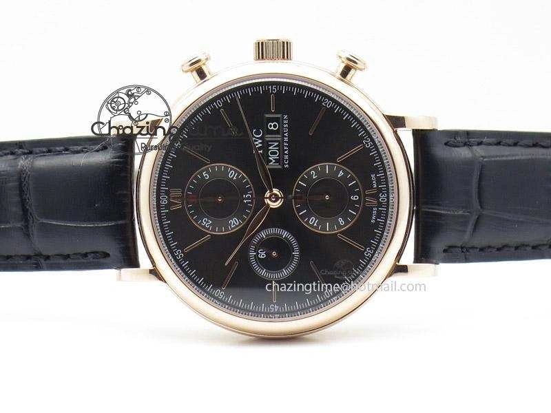 Portofino Chrono RG Black Dial on Black Leather Strap A7750