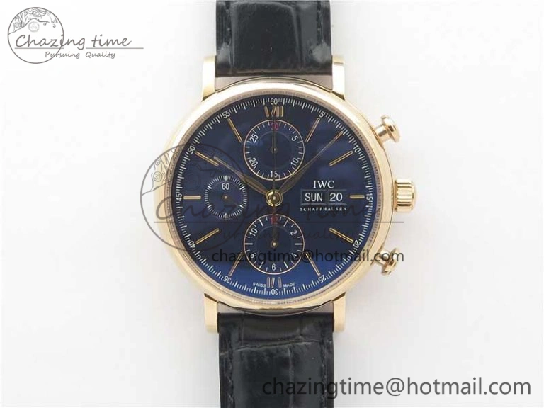 Portofino Chrono RG ZF 1:1 Best Edition Blue Dial Gold Markers on Black Leather Strap A7750