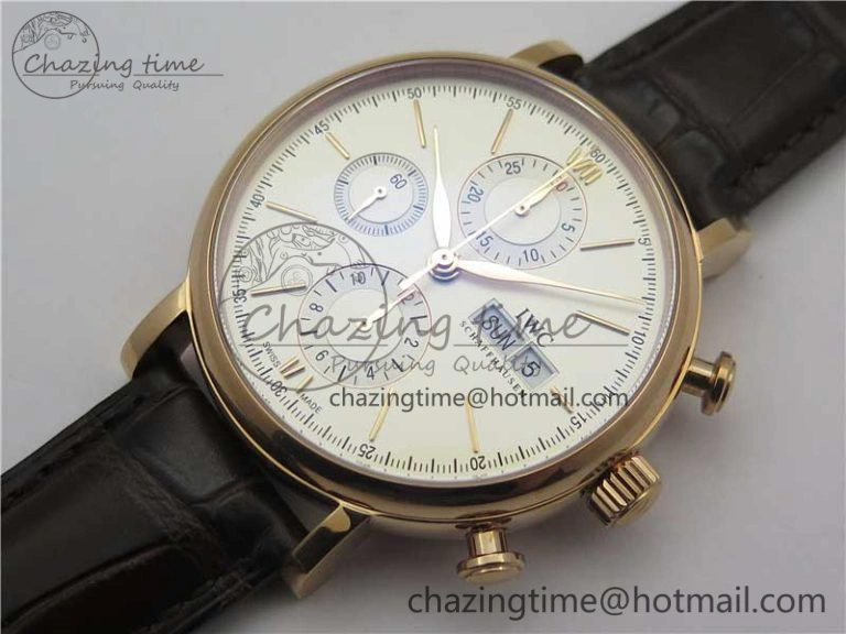 Portofino Chrono RG ZF 1:1 Best Edition White Dial on Brown Leather Strap A7750