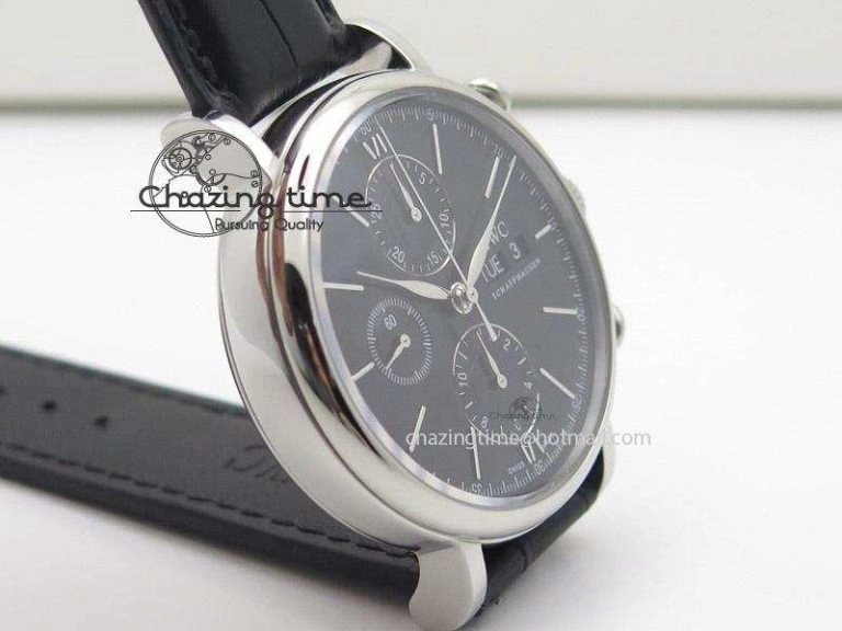 Portofino Chrono SS Black Dial on Black Leather Strap A7750