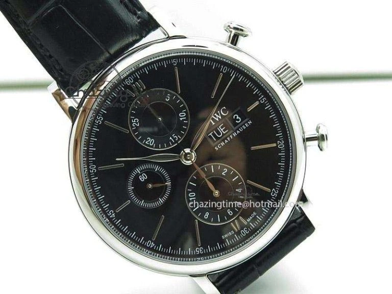 Portofino Chrono SS Black Dial on Black Leather Strap A7750